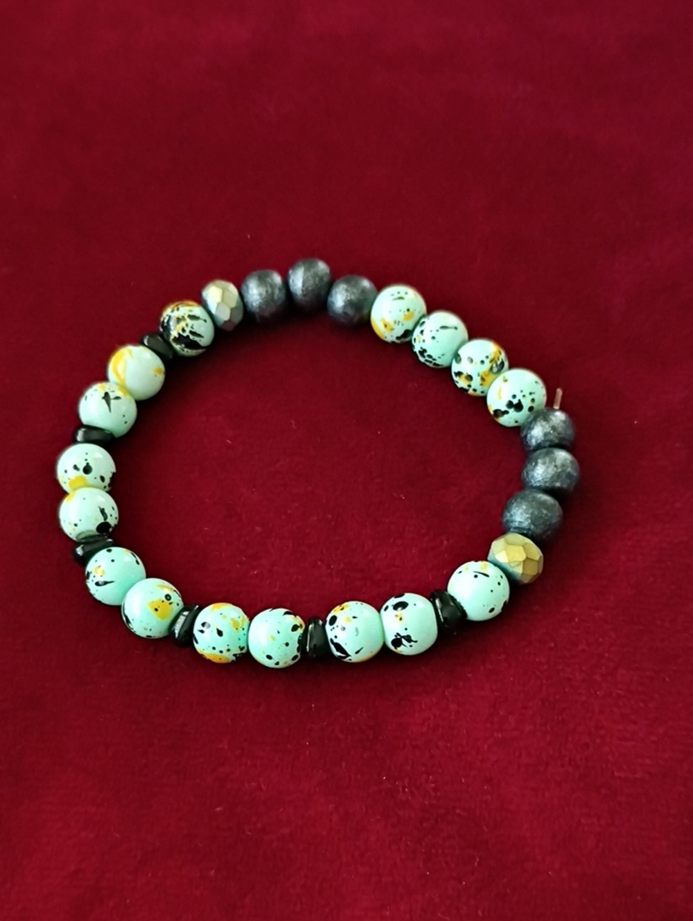 Speckled Mint and Gunmetal Beaded Stretch Bracelet